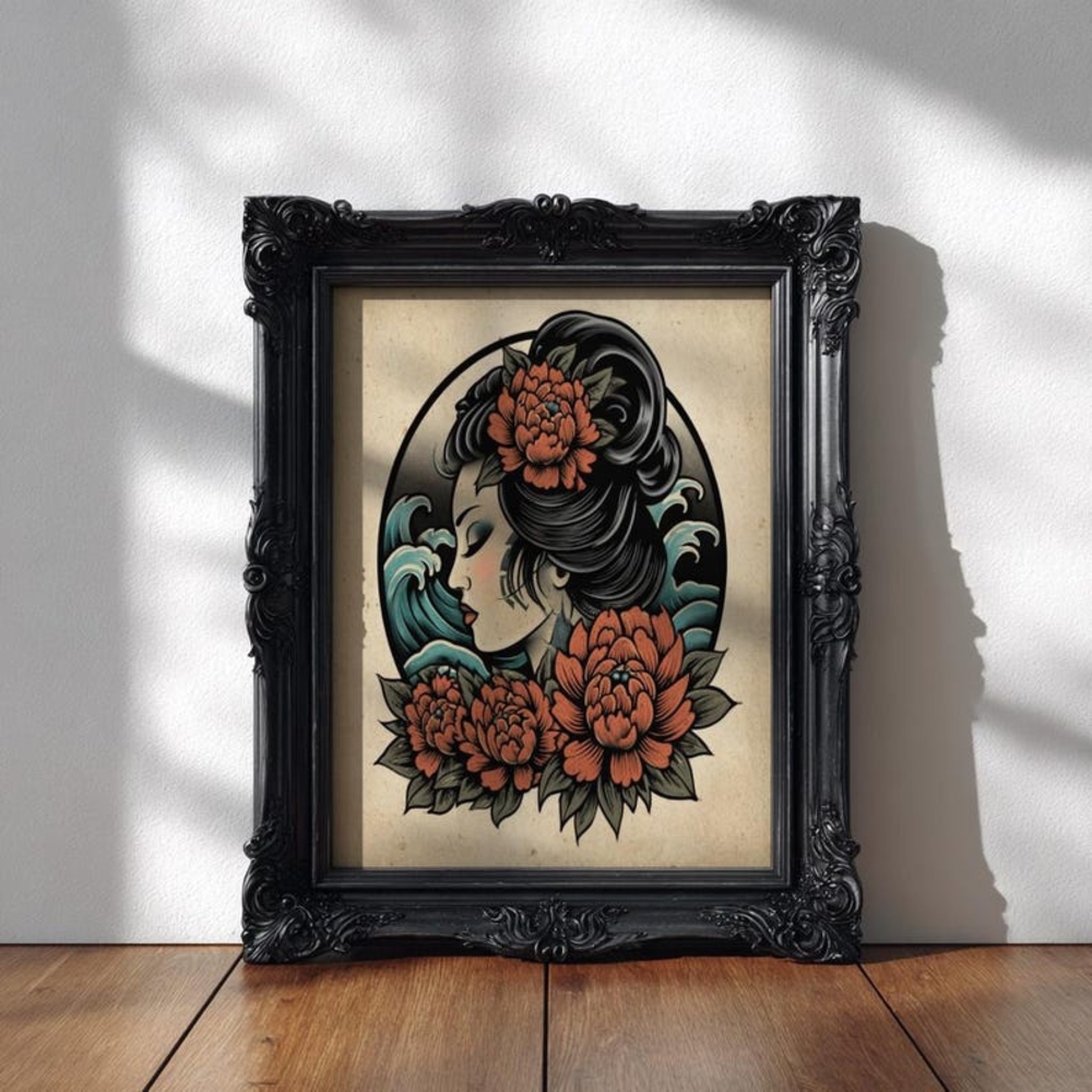Vintage Tattoo Geisha- Classic Portrait Wall Decor, Japanese Ukiyo-e Wall Art
